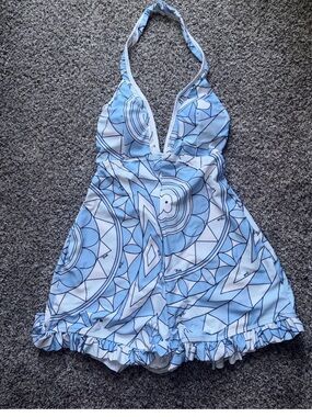 Matching headband included
Blue & White Halter One-Piece Swimsuit